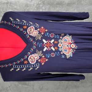 ANTHROPOLOGIE Caite Floral Embroidered Navy Jersey Tunic SIZE SMALL
